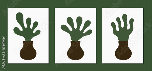 Three minimalist green plants in simple brown vases arranged on white background, modern decor inspiration