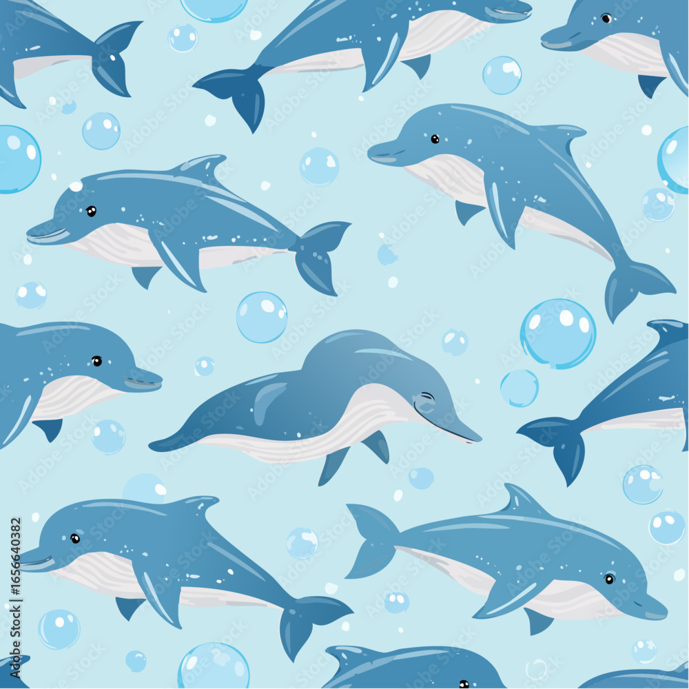 Obraz premium Fun seamless pattern of dolphins with bubbles on blue background, perfect for kids’ textiles, wallpapers, wrapping, and marine-inspired vector projects.