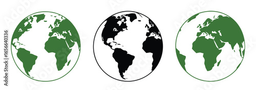 Three stylized Earth globes, one black and white, two green and white, showcasing continents on white background.
