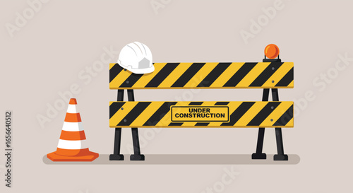 A construction barrier with a helmet and cone indicates an ongoing project, ensuring safety and caution for workers and the public in the designated zone
