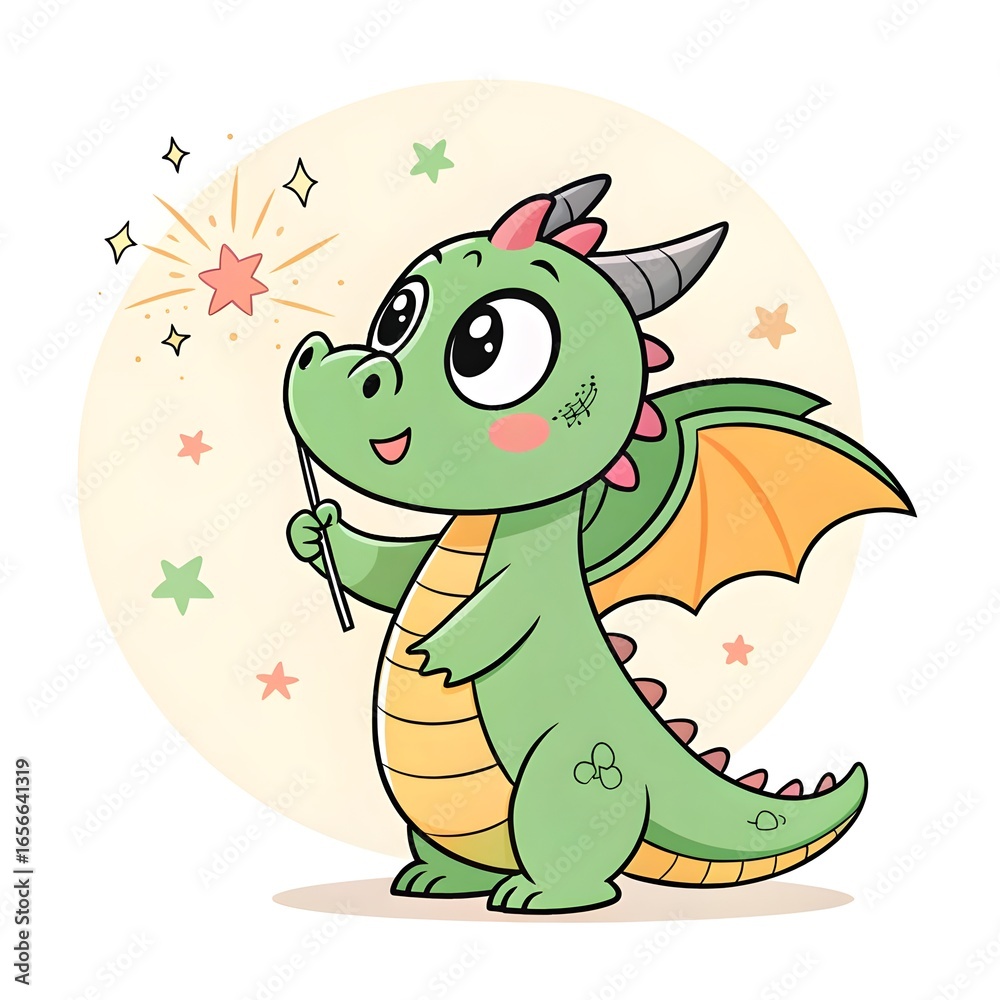 Obraz premium Chibi Dragon Breathing A Puff Of Sparkles Cute Cartoon Illustration In Adorable Kawaii Style Representing Fantasy Magic, Playful Charm, Whimsy, And Lovable Mythical Creature Fun
