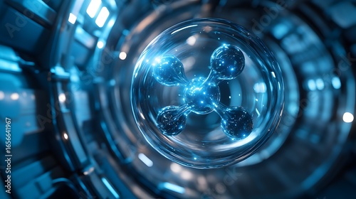 A blue sphere with four balls inside of it