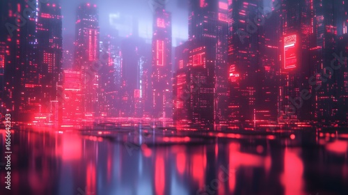 A cityscape with a red background and buildings lit up in neon colors