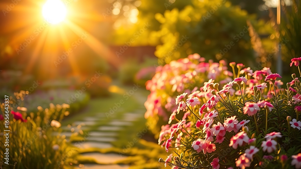 Obraz premium A serene garden path lined with blooming flowers, illuminated by the warm glow of golden hour.