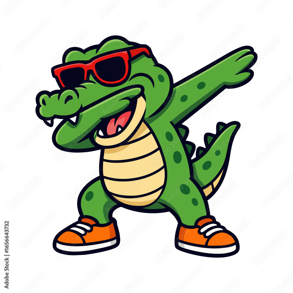 Fototapeta premium Green crocodile with red sunglasses orange shoes dabbing pose.