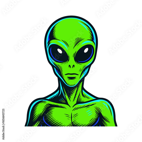 Green alien with large black eyes no nose.