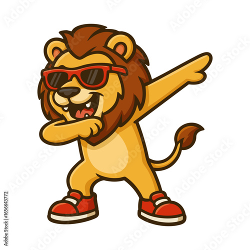 Lion wearing sunglasses dabbing on a white background.