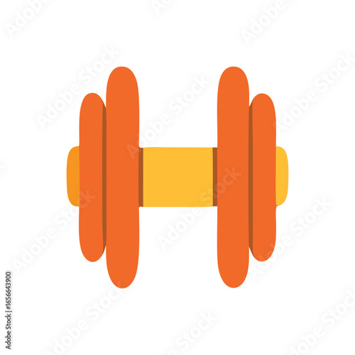 Flat cartoon illustration of an orange and yellow dumbbell for fitness blogs, social media posts, workout apps, and healthrelated designs.