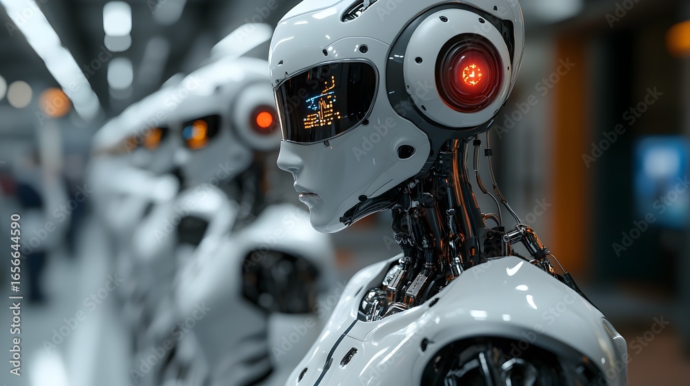 Fototapeta premium A robot is standing in a line of robots