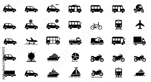 Collection of various black and white transportation icons, representing different vehicles and modes of travel.