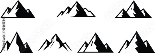  set of mountain icons in black and white, , showcasing various peaks and landscapes, perfect for adventure, travel, or naturethemed designs and illustrations