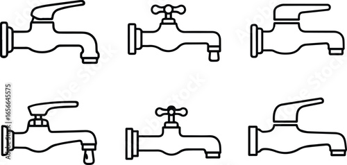  illustration set of various faucet designs, featuring different styles of water taps for bathroom and kitchen sinks, plumbing fixtures and metal handles