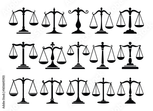 Justice scales icons symbolizing balance, fairness, and legal judgment for law firms and courts