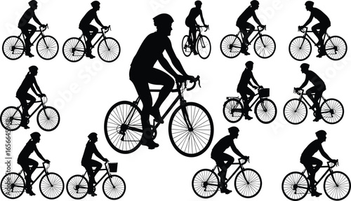 Cyclist silhouette vector set, bike riders, outdoor activity, sports illustration, cycling poses, black icons, healthy lifestyle, Adobe Stock