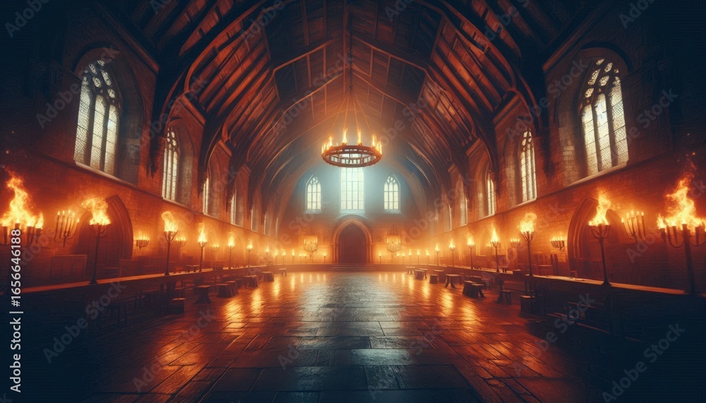 Obraz premium Grand empty gothic hall with vaulted ceiling Chandelier and wall torches cast warm firelight on long tables