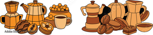 Wooden kitchen utensils and an isolated black coffee pot on a white background