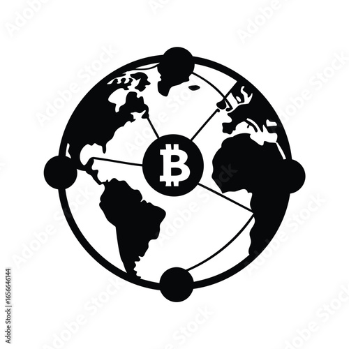 Bitcoin cryptocurrency symbol at center of world map and network connection silhouette vector illustration