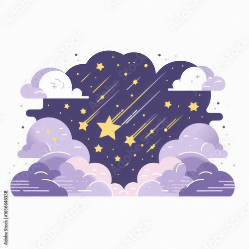 Stylized illustration of a night sky with golden stars and streaking meteors framed by soft purple clouds