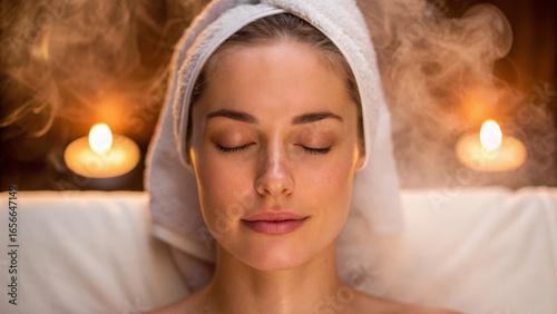 Winter wellness retreat for relaxation and healing. Relaxed woman enjoying a spa treatment with candles and steam in a serene atmosphere.