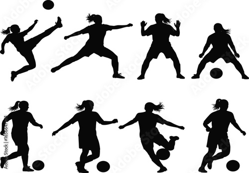 Female football player silhouette vector set, black soccer athlete clipart, kicking and dribbling poses, sports icon design, editable illustration, woman athlete artwork, soccer ball graphic,