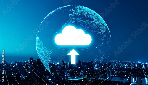 Global cloud upload depicted against a night cityscape.