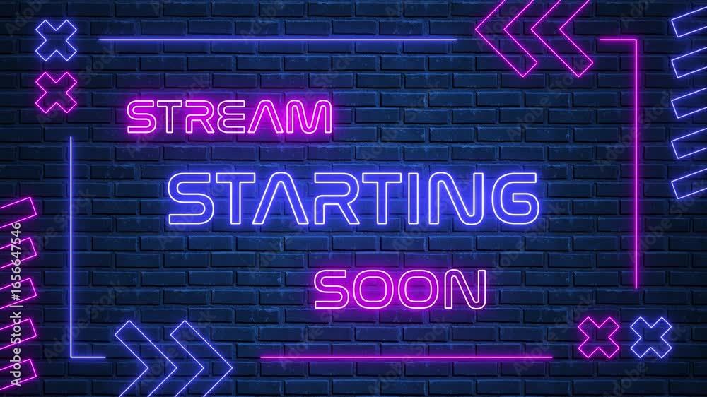 stream starting soon neon lights text and border frame on blue brick wall animation, streaming and broadcasting social media motion design element	