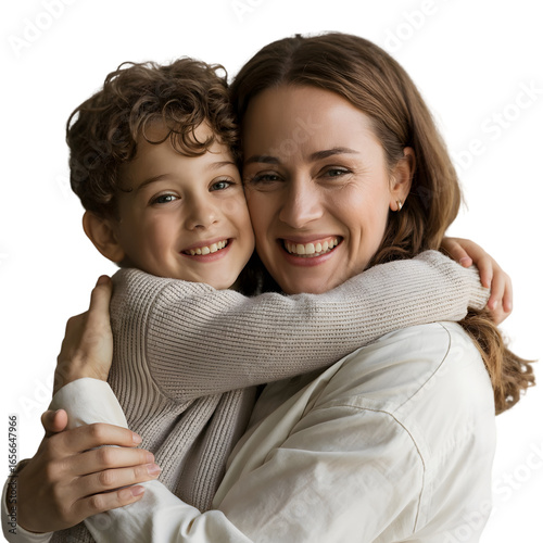 Happy mother hugging her son isolated on transparent background