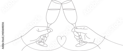 Couple Clinking Champagne Flutes Outline with Heart Detail on Transparent Backdrop
