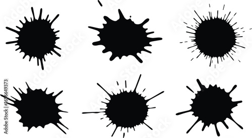  collection of black ink splashes, featuring various blot shapes and splatter patterns, perfect for adding an artistic and grunge touch to graphic design and creative projects