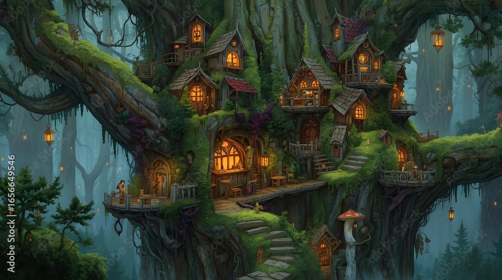 Fototapeta premium Enchanted Village Treehouse with Glowing Lanterns