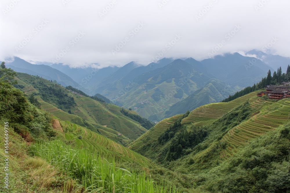 Naklejka premium Misty mountain valley with terraced rice paddies (2)