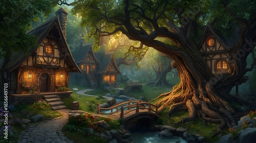 Enchanted Village with Gingerbread Houses and Tree Trunks at Dusk
