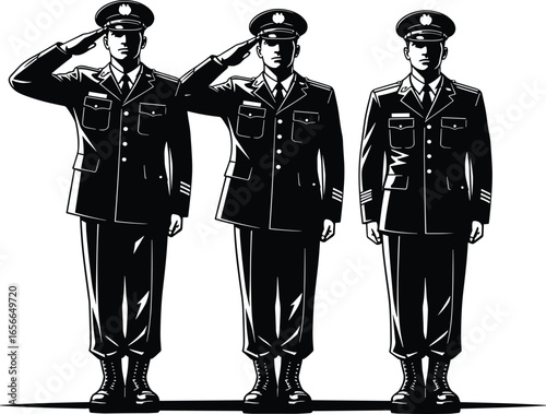 Military officer salute vector, three soldiers in uniform, black and white illustration, standing pose, army personnel, discipline, honor, respect