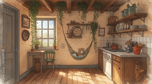 Rustic Kitchen with Hanging Plants and Wicker Chair