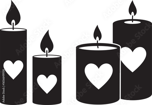 Four romantic heart decorated candle silhouette