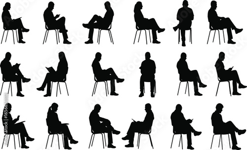 People sitting on chair silhouette vector set, black seated pose clipart, reading and thinking icons, human figure illustration, editable design asset, casual posture graphic, indoor activity symbol, 