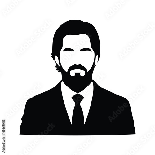 Stylish minimalist portrait of a bearded man in a suit and tie, businessman avatar portrait silhouette vector illustration