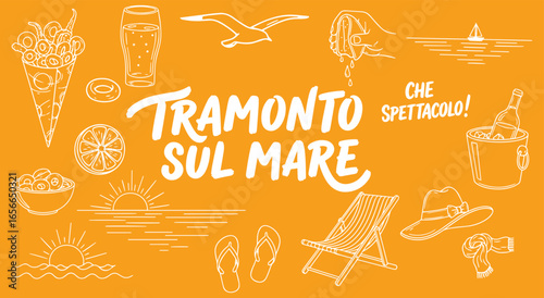 Beach Sunset. Summer Vibes. Aperitivo. A modern vector illustration with typography and icons of prosecco and gelato for a social media post, t-shirt design, or a summer party poster.