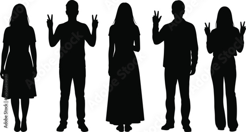Standing people silhouette vector set, peace sign hand gesture clipart, black human figure icons, casual pose illustration, editable design asset, expressive body language, 
