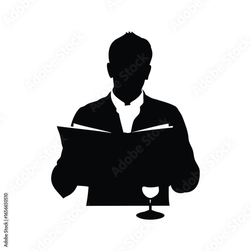 A silhouette of a man reading a book, with a wine glass vector illustration