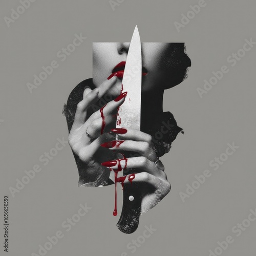 A woman's hands hold a bloody knife, suggestive of danger and violence.  A grayscale collage technique, featuring crimson blood dripping