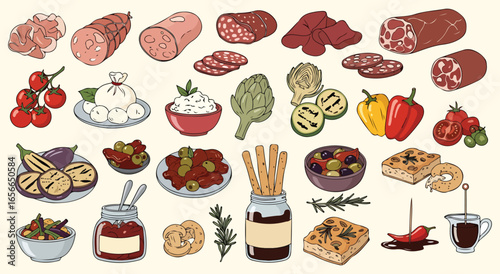 Italian Antipasto. Gourmet Deli. A detailed hand drawn vector illustration set of cured meats, cheeses, and olives for food packaging, a delicatessen menu, or a culinary blog graphic.