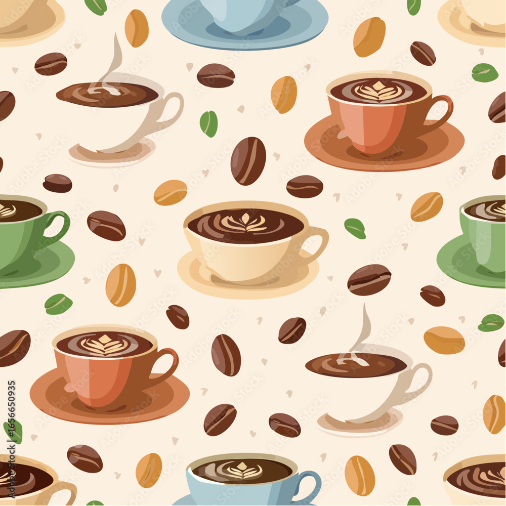 Obraz premium Fun seamless coffee cups and beans pattern on beige background, perfect for cafe branding, textiles, wallpapers, wrapping, and cozy kitchen vector designs.