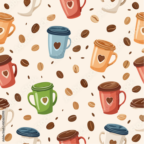 Fun seamless coffee cups and beans pattern on beige background, perfect for cafe branding, textiles, wallpapers, wrapping, and cozy kitchen vector designs.