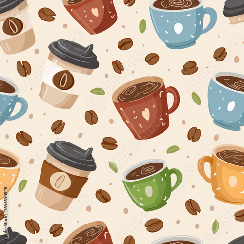 Fun seamless coffee cups and beans pattern on beige background, perfect for cafe branding, textiles, wallpapers, wrapping, and cozy kitchen vector designs.