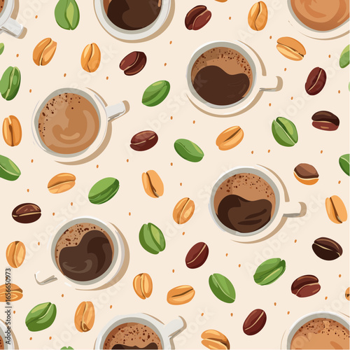 Fun seamless coffee cups and beans pattern on beige background, perfect for cafe branding, textiles, wallpapers, wrapping, and cozy kitchen vector designs.
