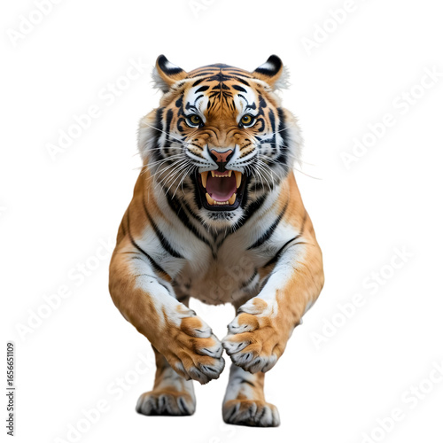 Aggressive bengal tiger running towards the camera isolated on transparent background