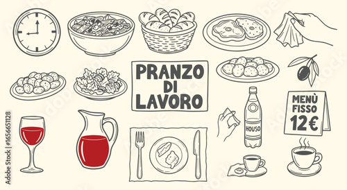 Italian Business Lunch. Work Menu. A hand drawn vector illustration set of trattoria food like pasta, wine, and coffee for a restaurant menu, promotional flyer, or social media graphic.