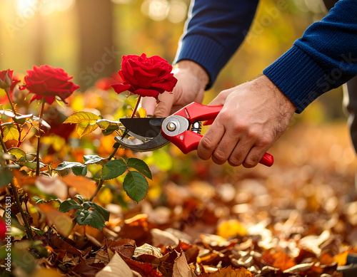 Fototapeta Naklejka Na Ścianę i Meble -  Pruning red roses in garden during autumn, showcasing hands using gardening shears with fallen leaves around