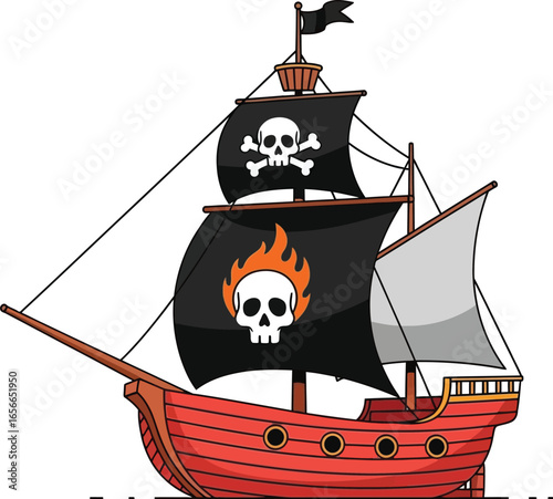 Cartoon Pirate Ship with Black Sails Vector illustration